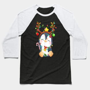 Cute Penguin Christmas Reindeer Color Lights Happy Holiday Baseball T-Shirt